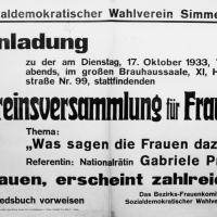 Ankündigung zur Vereinsversammlung für Frauen des Sozialdemokratischen Wahlvereins und Bezirsfrauenkomitees Simmering am 17. Oktober 1933 mit Gabriele Proft als Rednerin